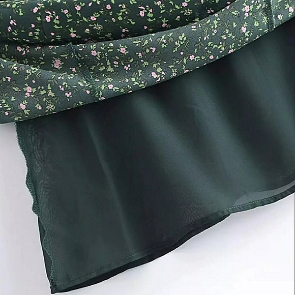 Green Floral Sweetheart Neck Chiffon Dress with Ribbon Straps - Picture 11 of 16